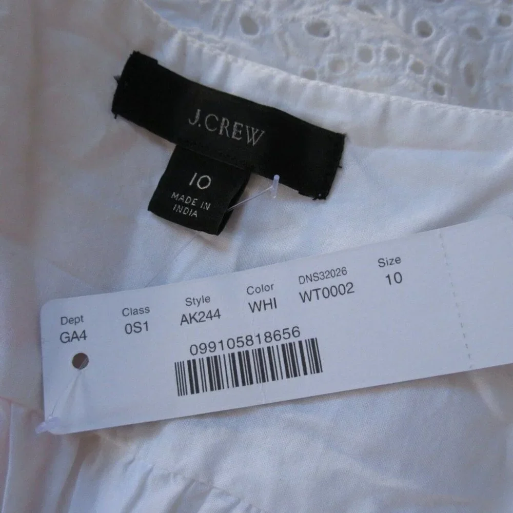 NWT J.Crew Embroidered Midi in White Cotton Voile Tiered Dress 10 $158